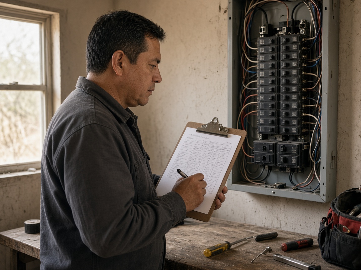 Joseph Diego reviewing a panel schedule in a San Antonio garage