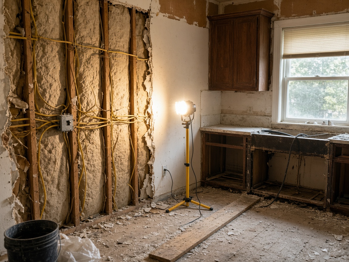 Kitchen remodel wiring with open wall and temporary work light