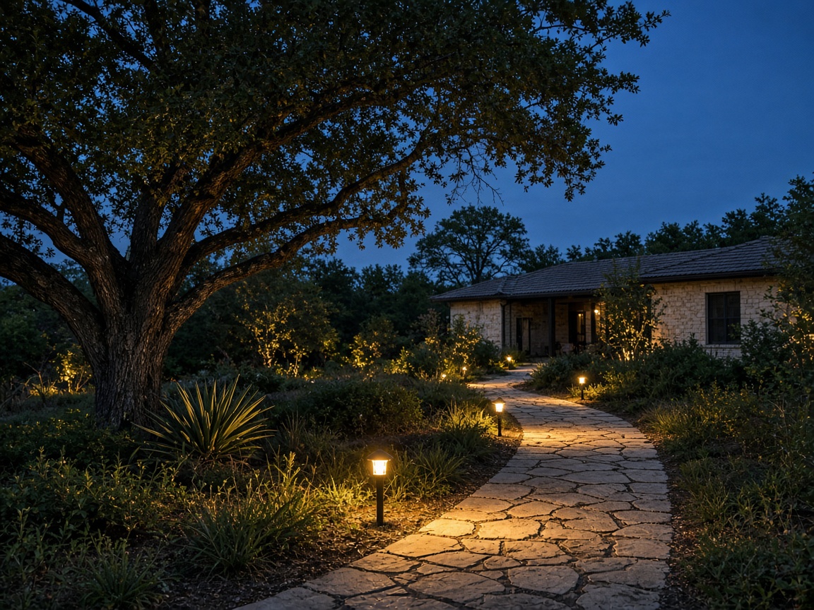 Landscape lighting along a limestone walk in San Antonio